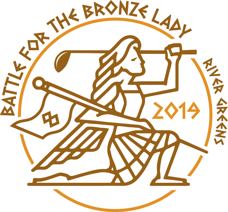 Battle for the Bronze Lady 2019 crest — a bronze warrior golfer emblem for River Greens, the 8th annual event